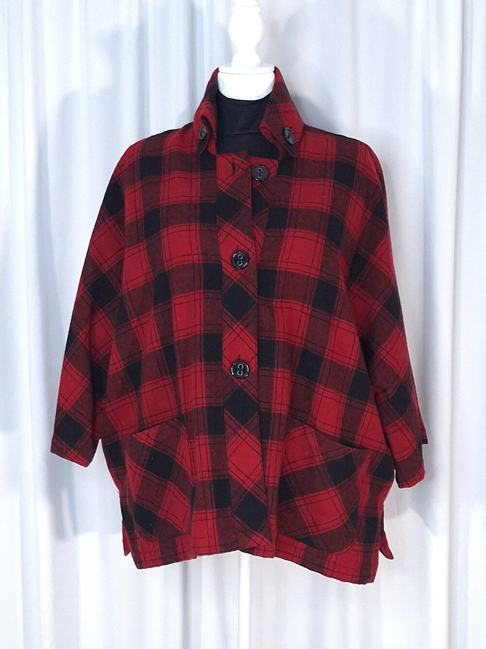 Coldwater Creek 1X Red Buffalo Plaid Jacket Wool Blend High Neck Coat Cabincore